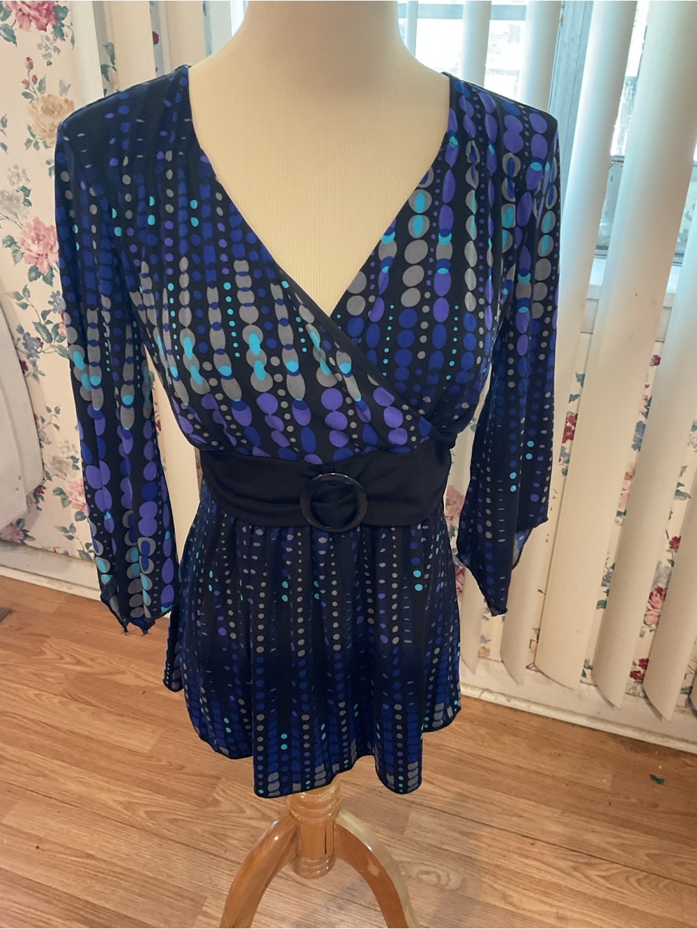 Women’s Blue Dot Print Surplice Waist-Tie Top SZ.S. 34x24 by J.T.B.